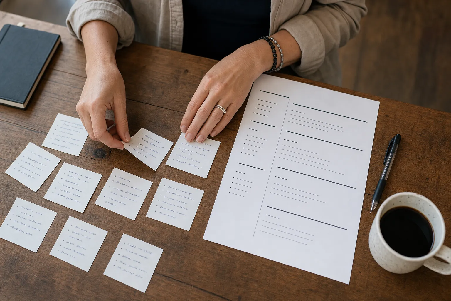 Hands arranging notes and a simple resume outline on a wooden desk.