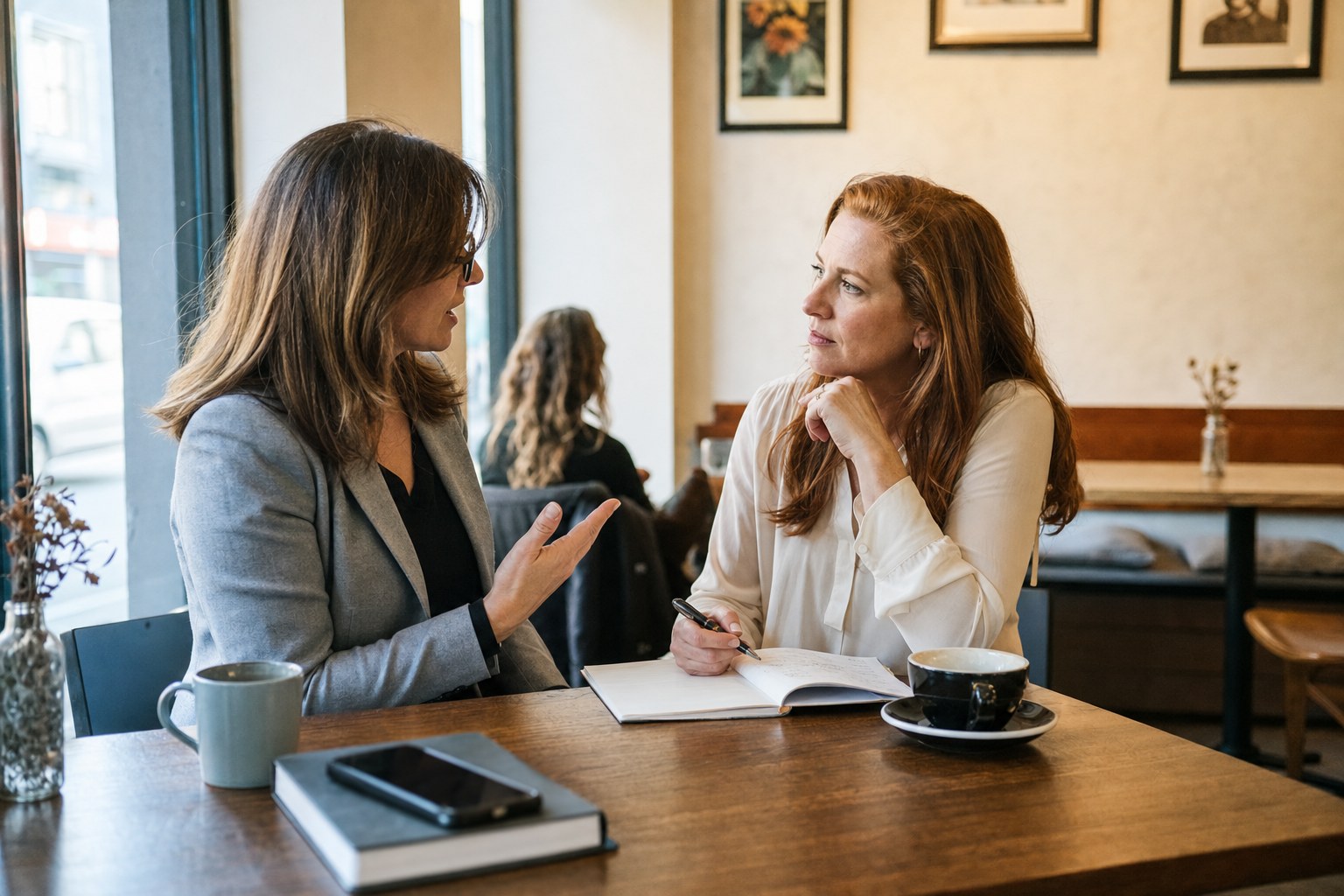 Two professional women having a thoughtful career conversation over coffee and a notebook.