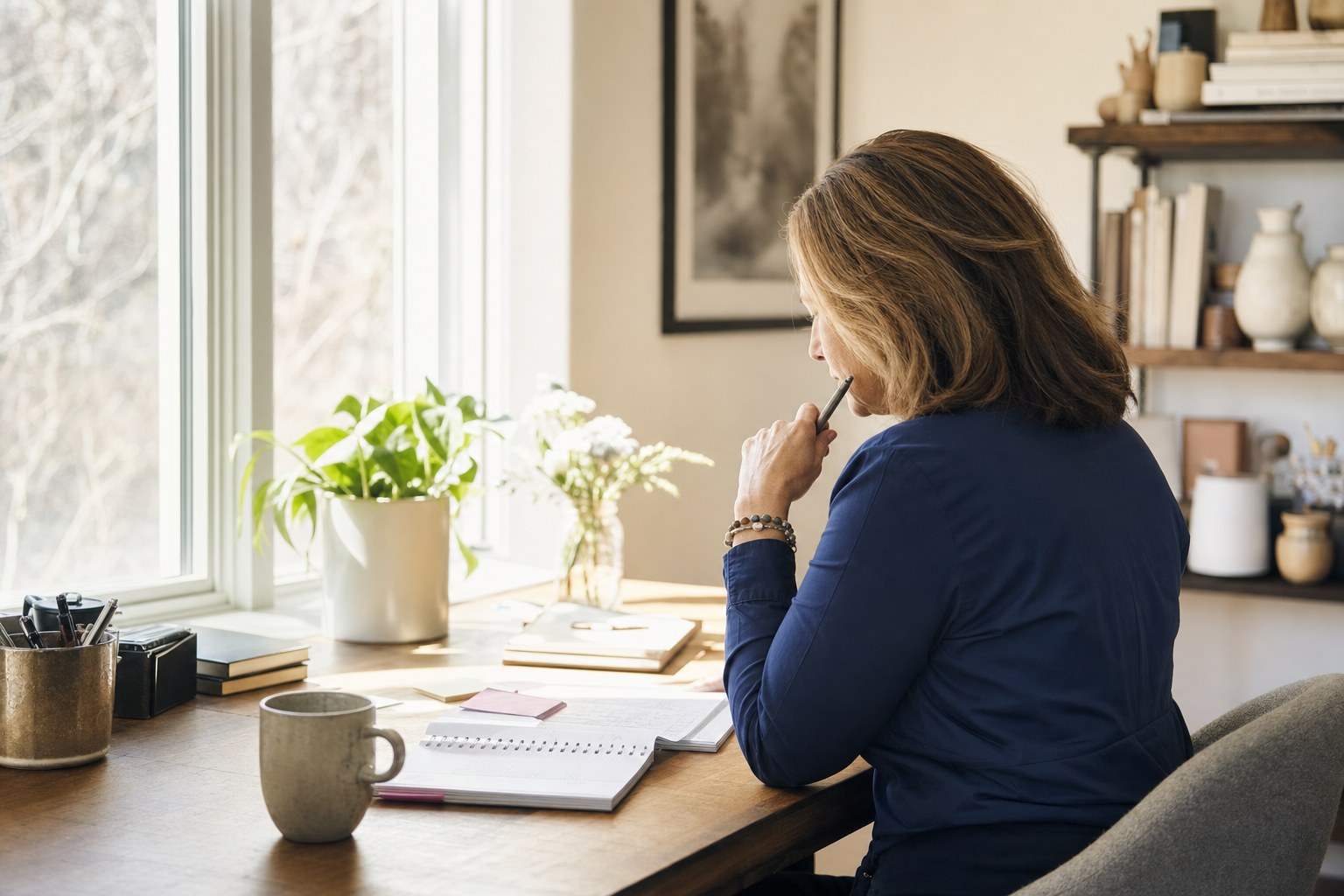 A woman reviewing career notes at a sunlit desk in her home office.