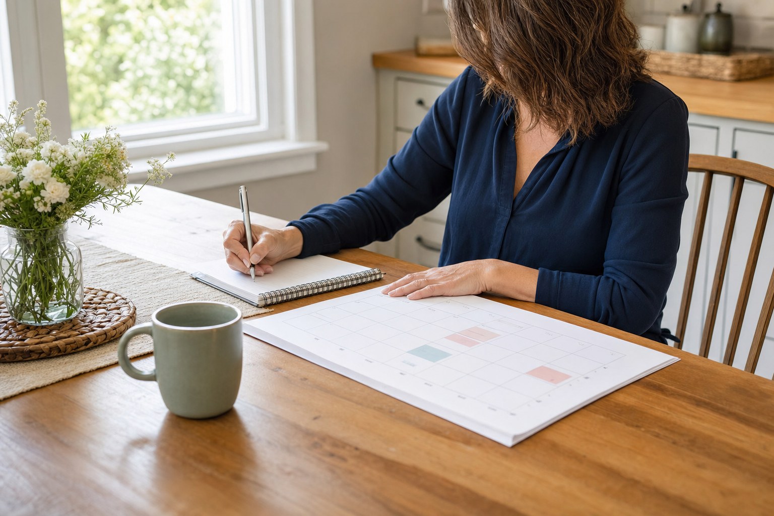 A woman writing a practical plan beside a calendar and notebook at a bright kitchen table.