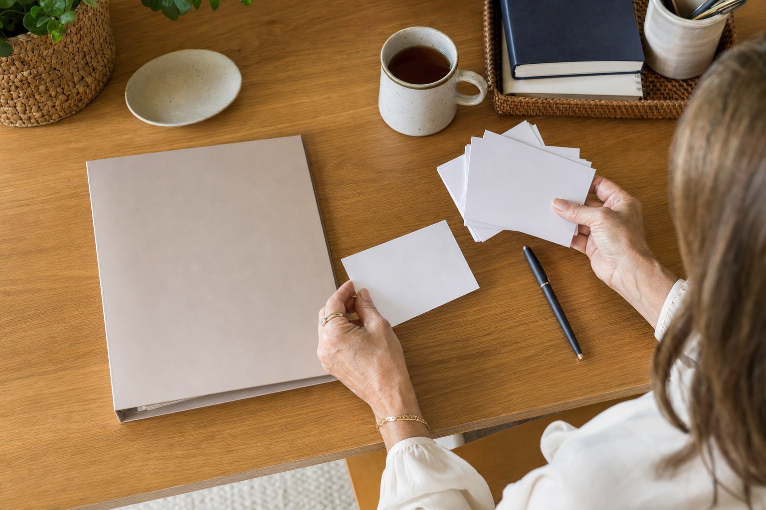 Hands sorting blank note cards beside a folder, pen, and cup of tea on a wooden desk.