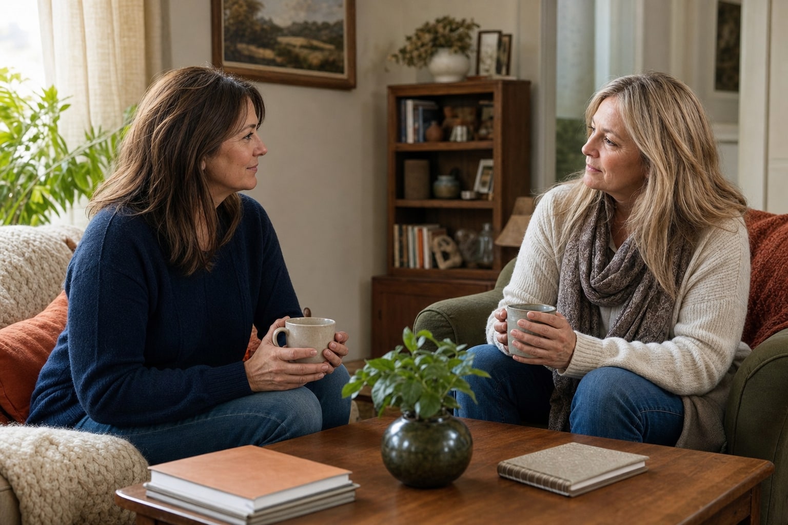 Two women having a warm conversation over coffee in a comfortable living room.