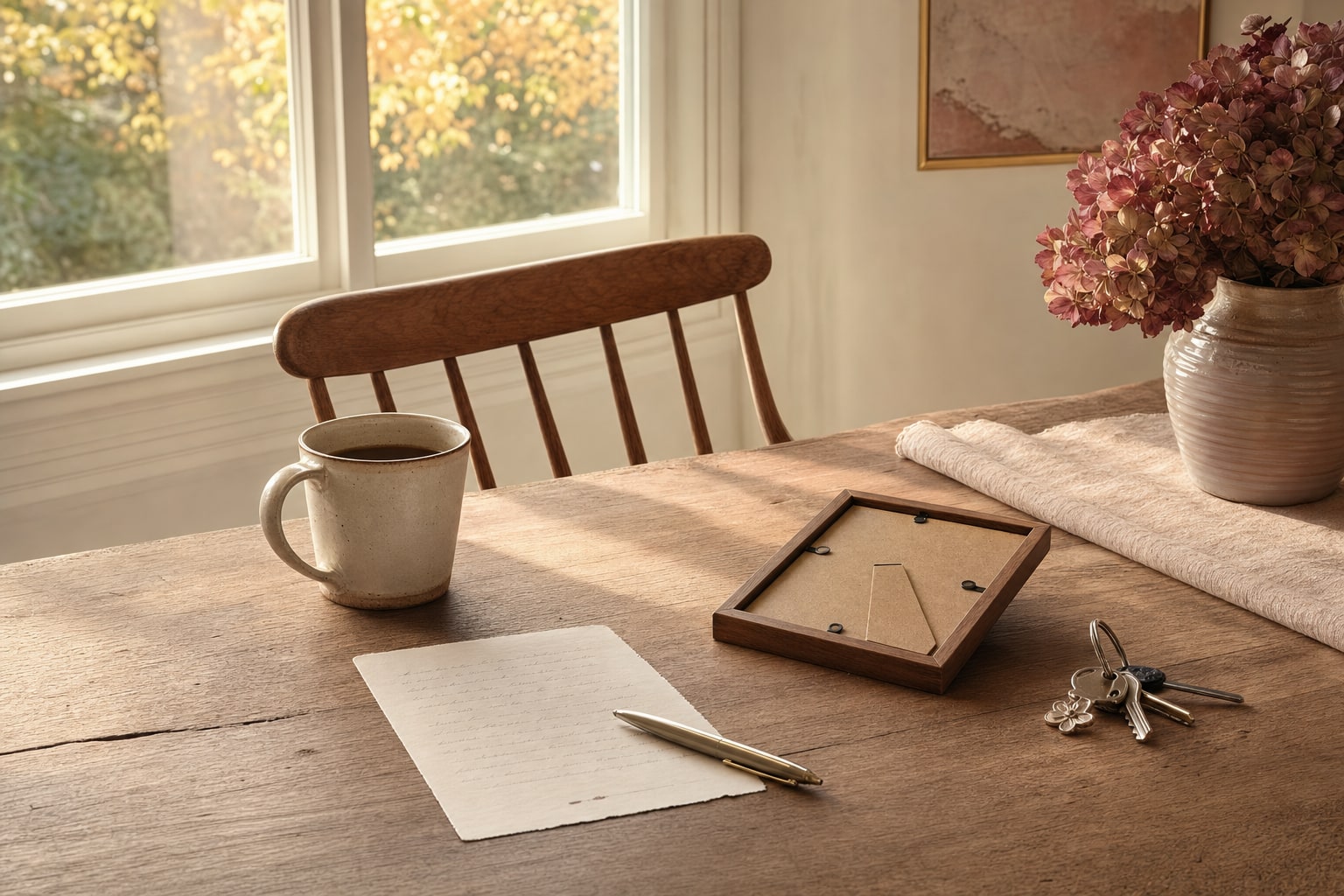 A sunlit kitchen table with a coffee mug, handwritten note, family photo frame, and house keys.