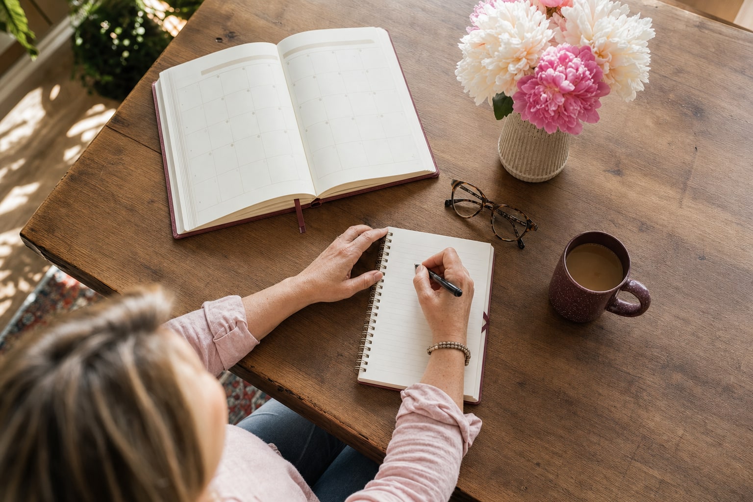 A woman writing in a notebook beside an open calendar, flowers, glasses, and coffee.