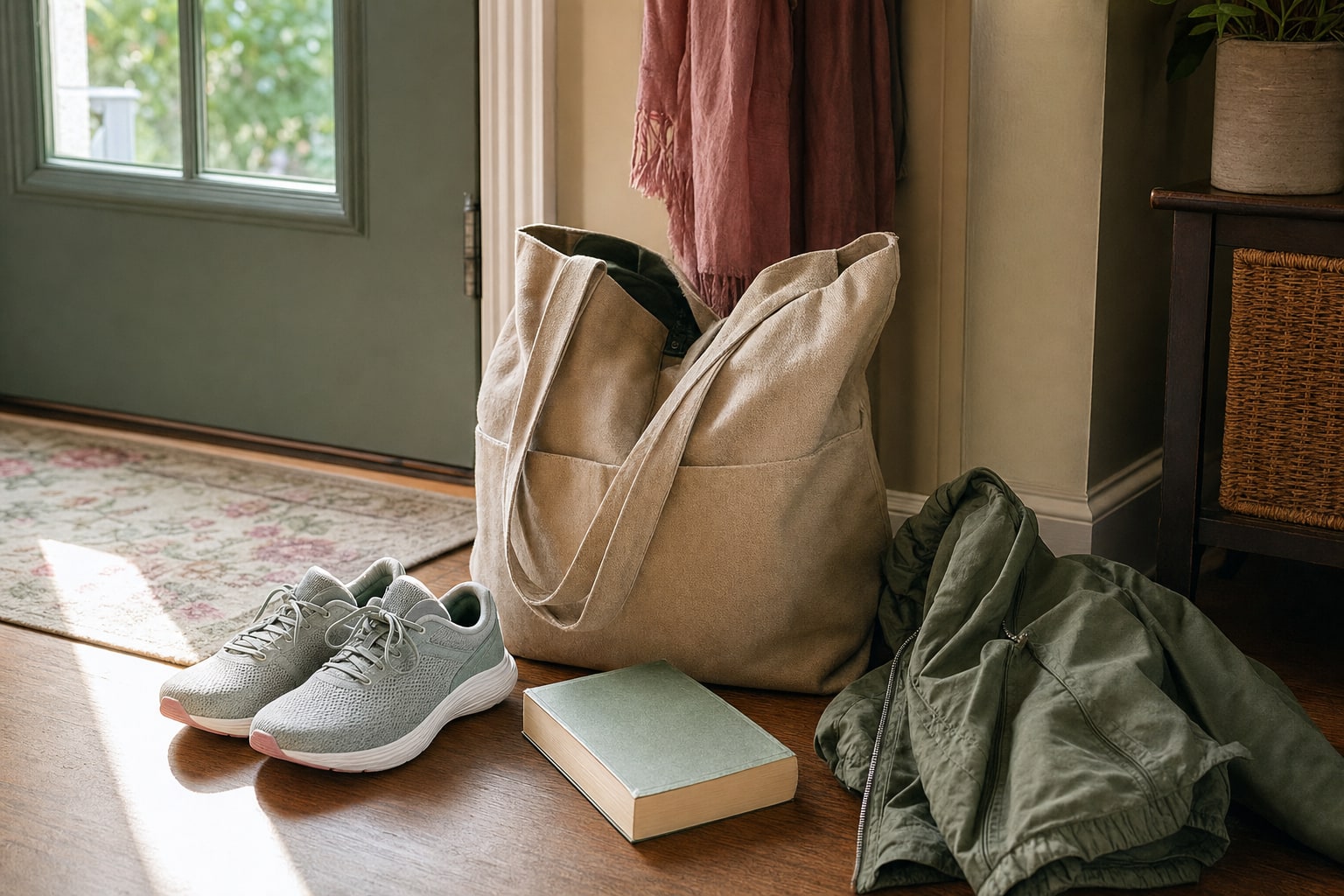 Walking shoes, a tote bag, a jacket, and a book near a sunlit front door.