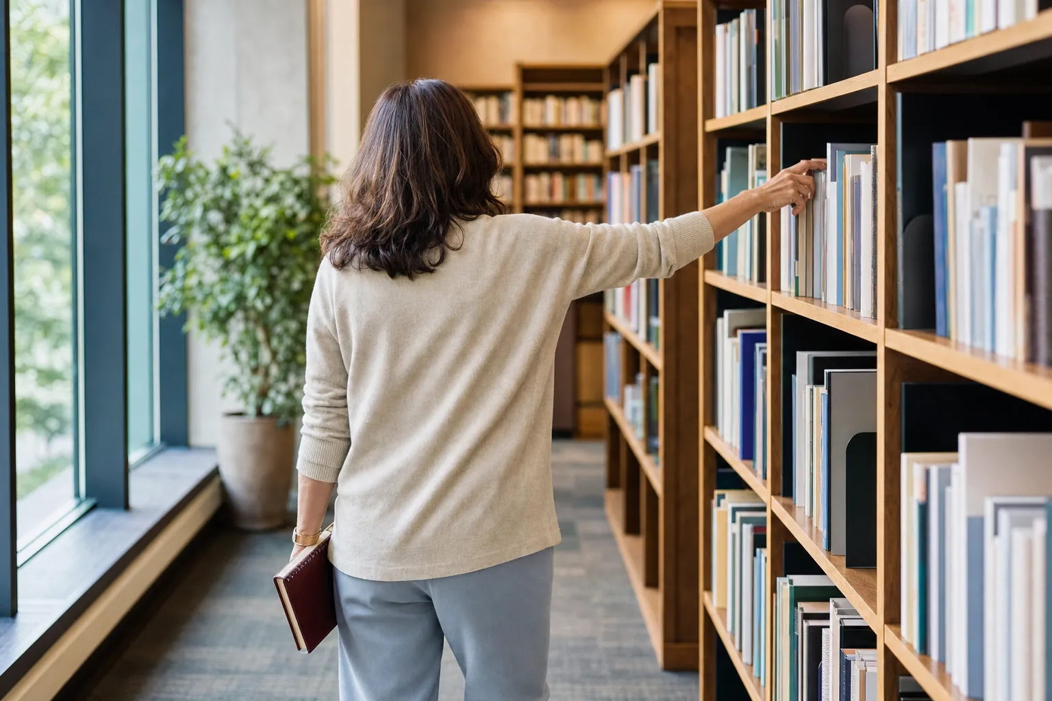 A woman in a library choosing a book while carrying a notebook.