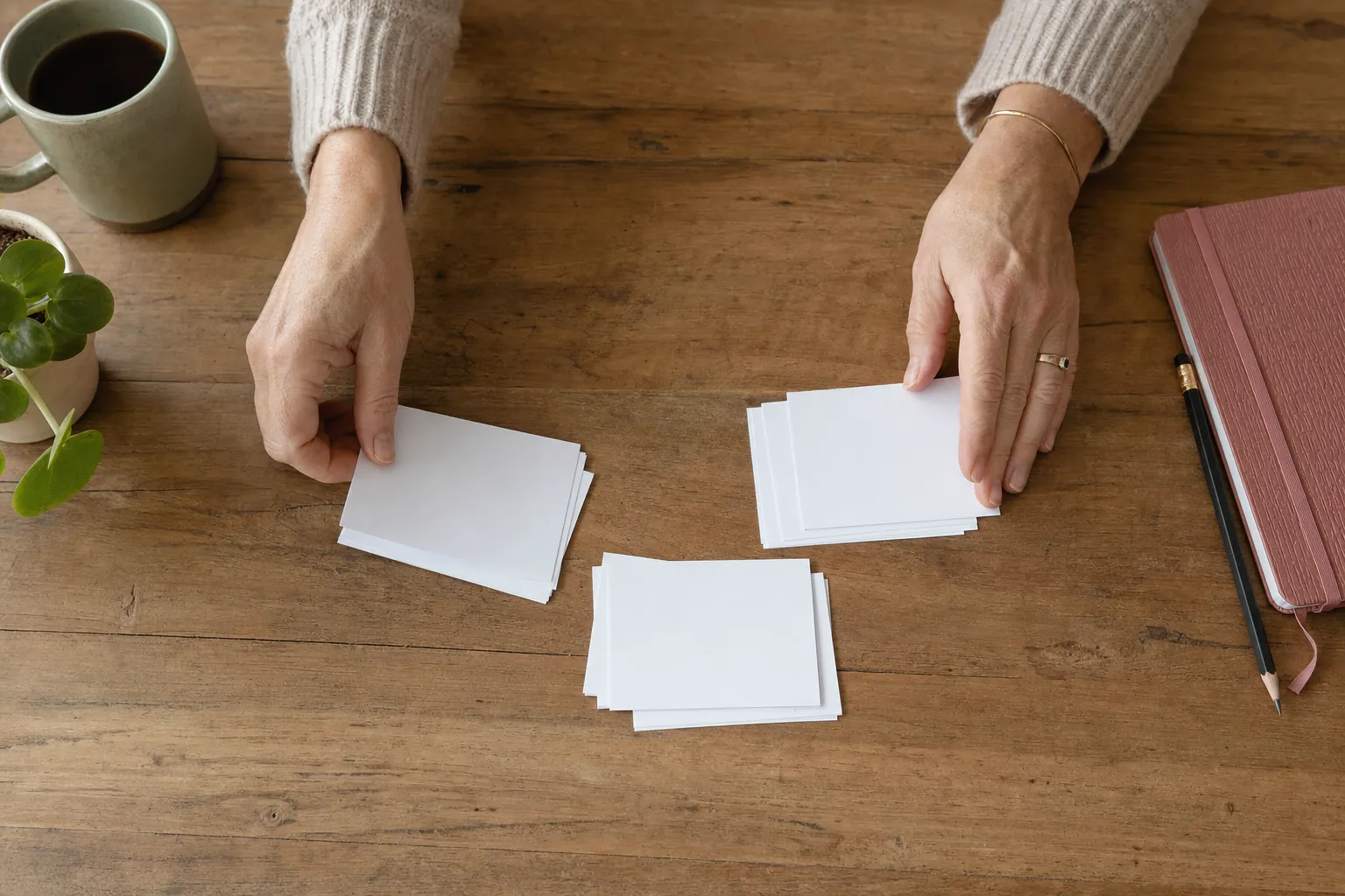 Hands sorting blank index cards beside a notebook on a wooden table.
