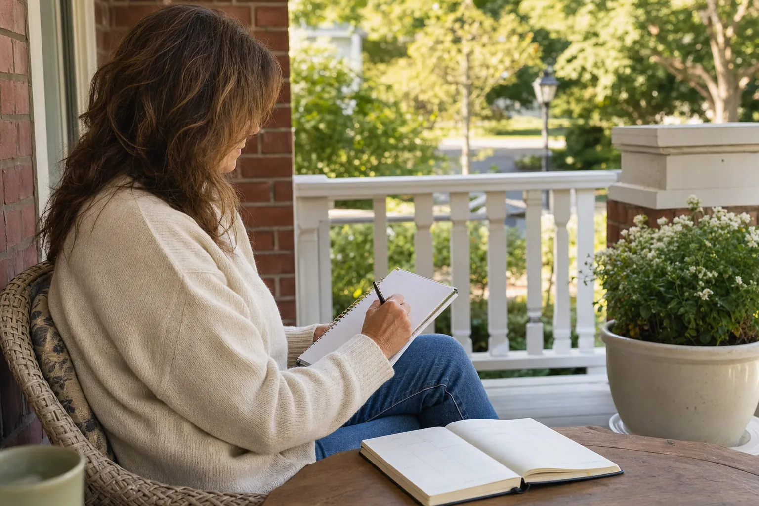 A woman writing in a notebook on a sunny front porch with an open planner beside her.
