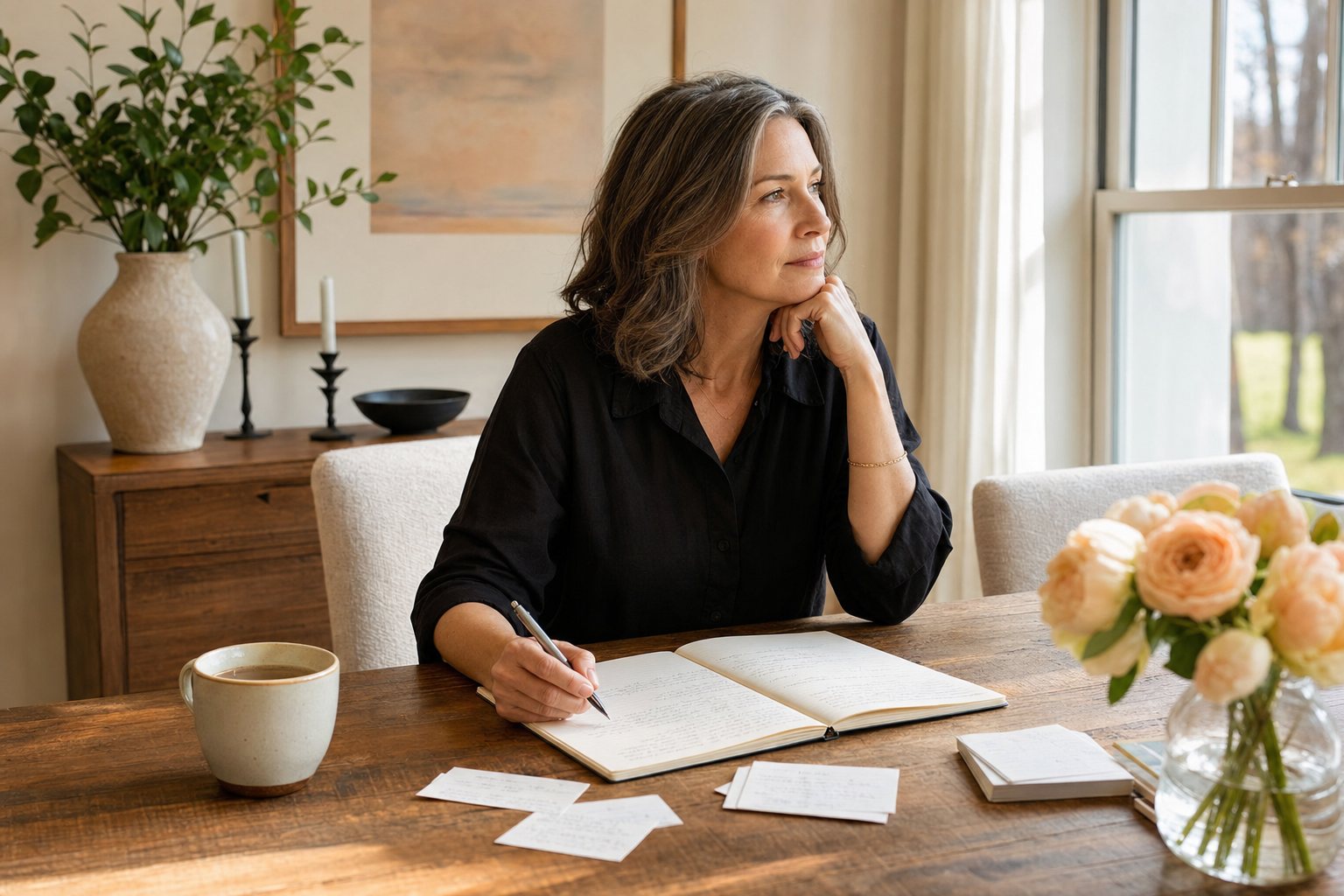 A woman writing in a notebook at a sunlit table while considering her next direction.