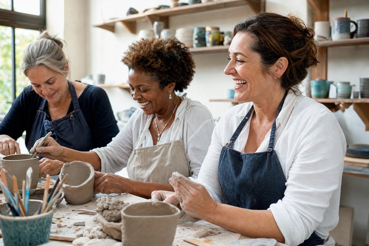 Three women in their forties enjoying a pottery class together.