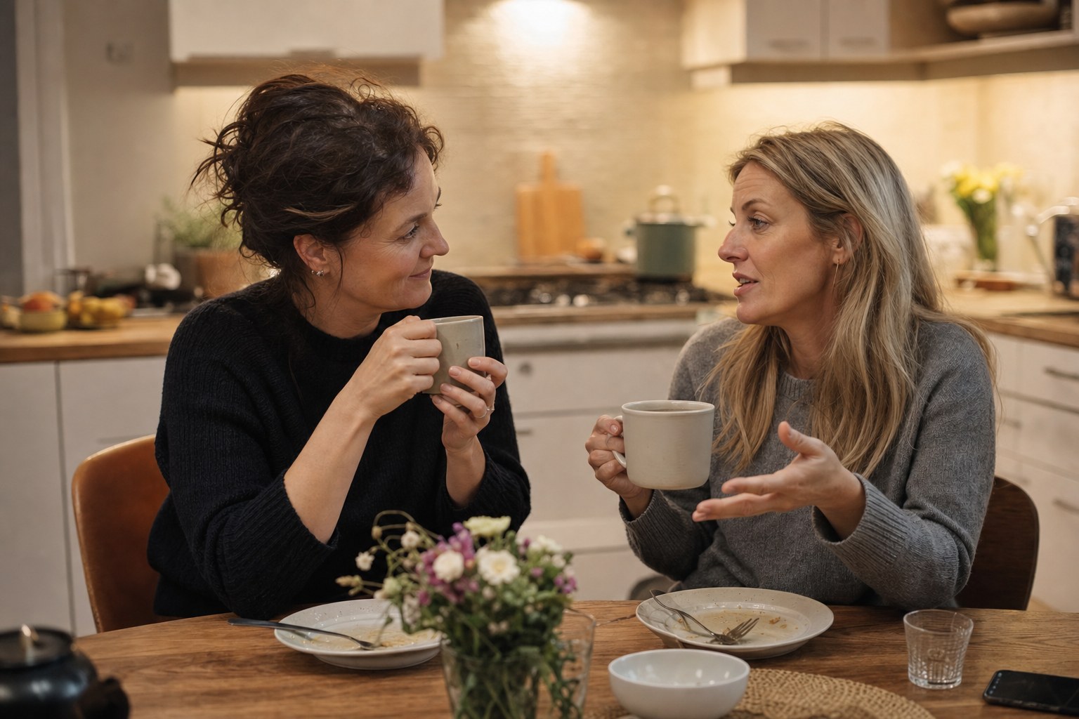 Two women in their forties having an honest conversation over tea at a kitchen table.