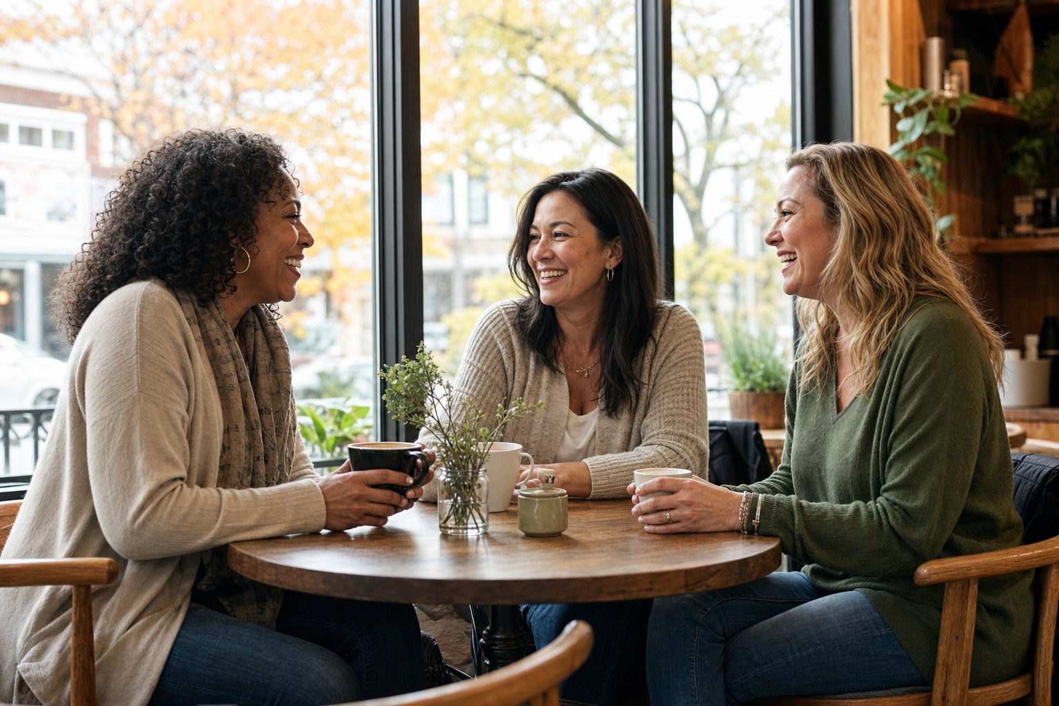 Three women in their forties laughing together over coffee at a neighborhood cafe.