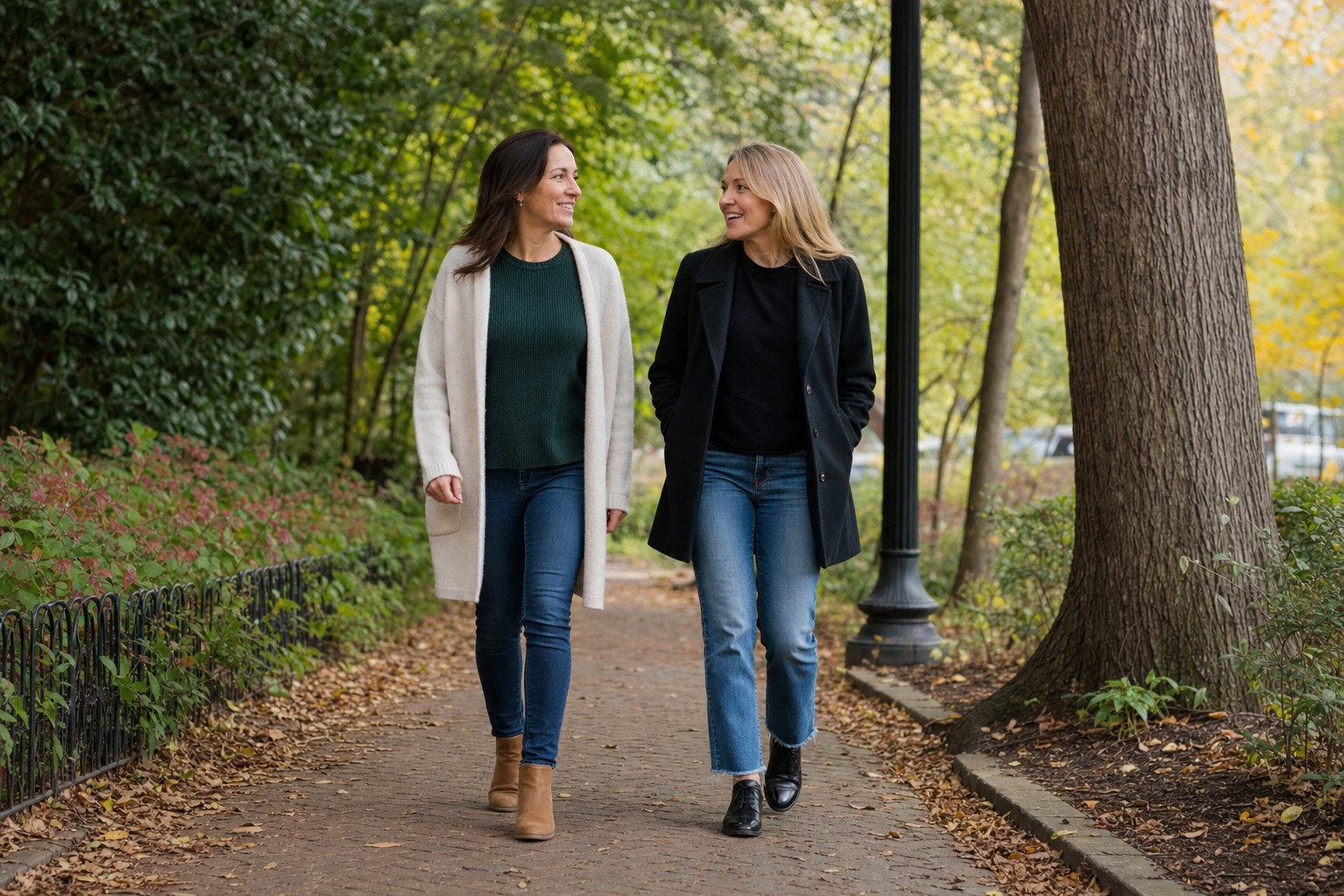 Two women in their forties walking together on a leafy neighborhood path.