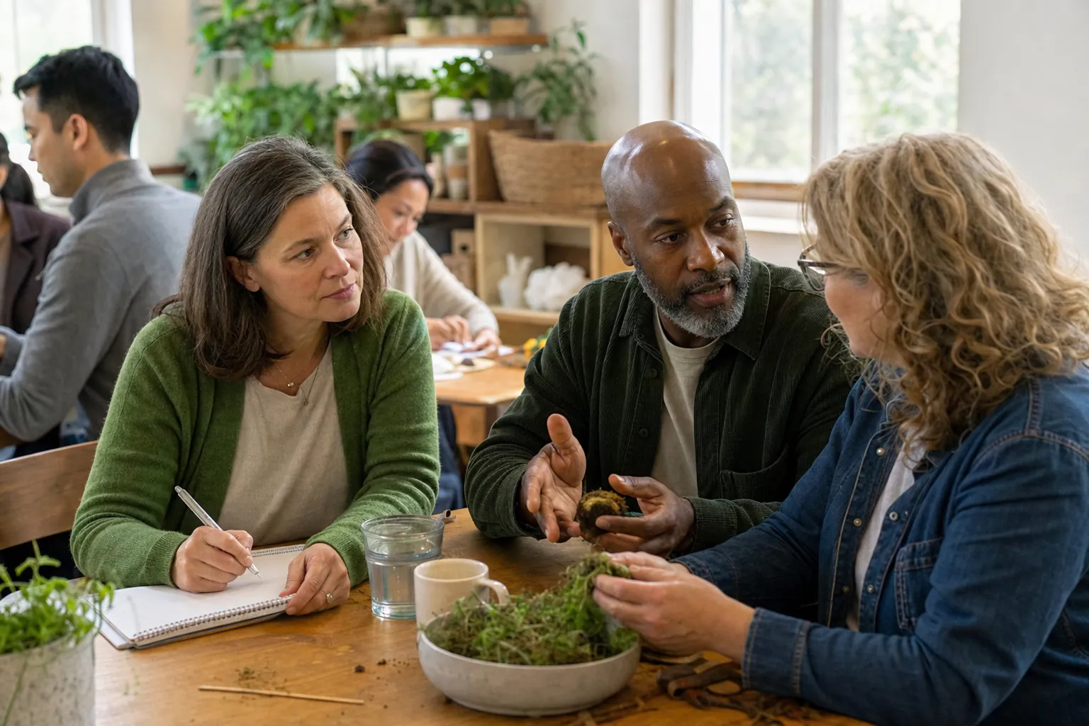 Adults talking and taking notes together during a hands-on community workshop.