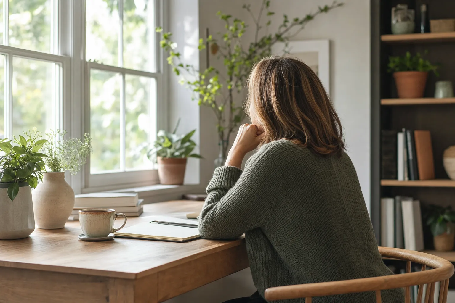 A woman sitting at a wooden desk with a notebook, looking out a sunlit window.