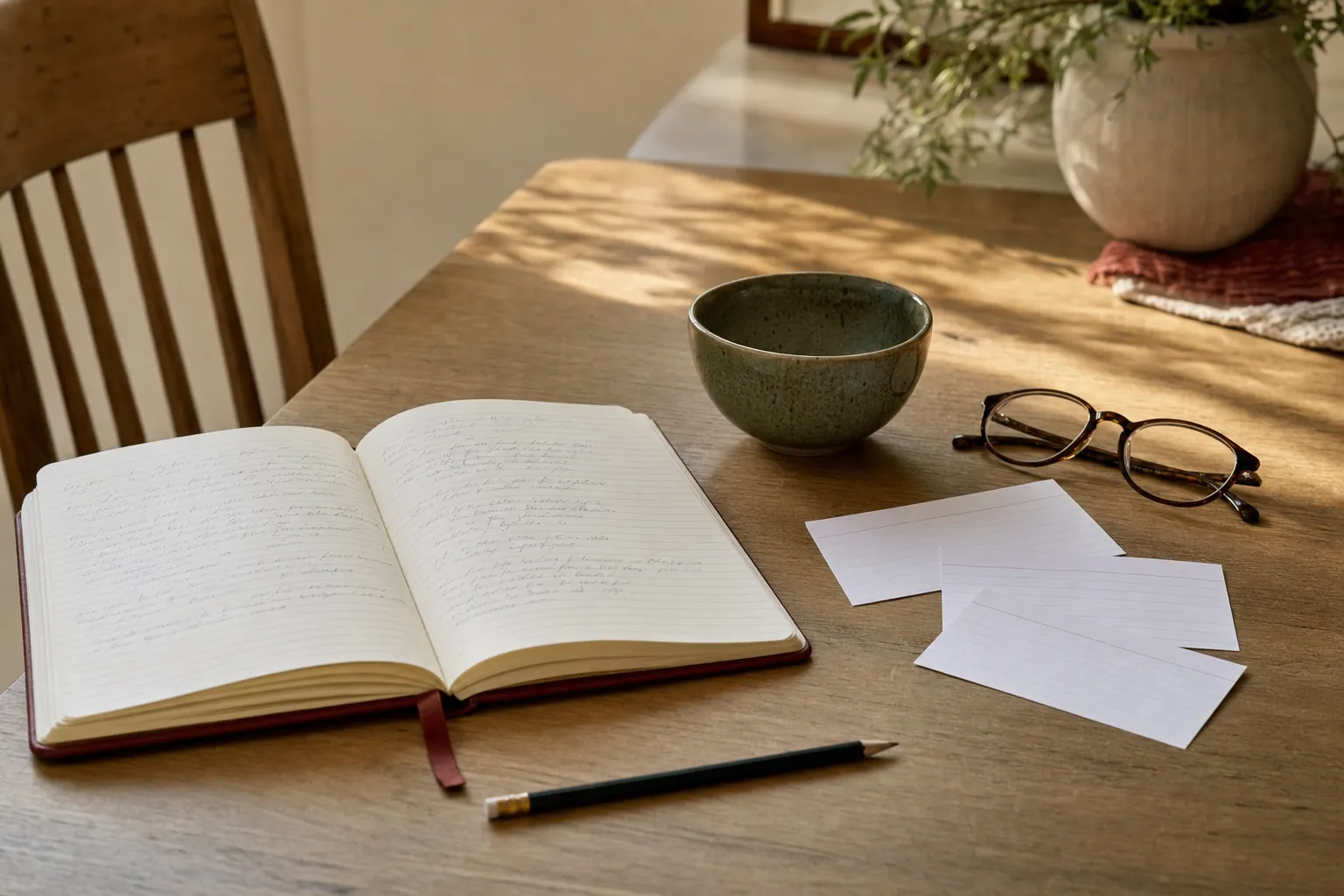 An open notebook, index cards, pencil, and glasses on a sunlit wooden table.