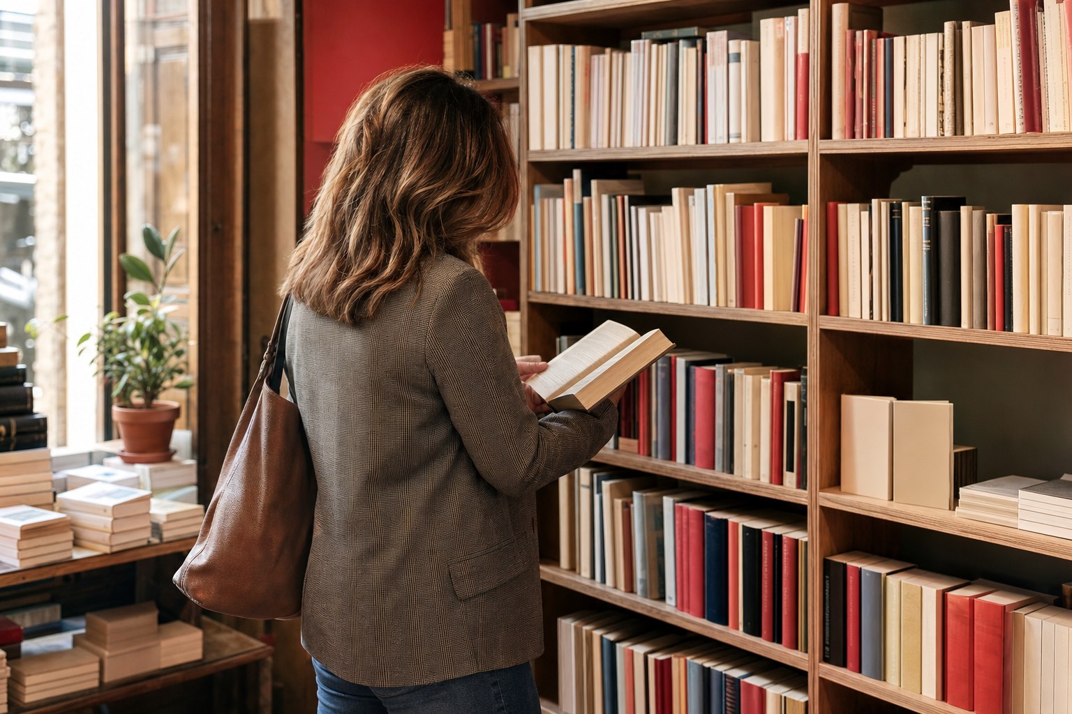 A woman browsing books in a warmly lit independent bookstore.