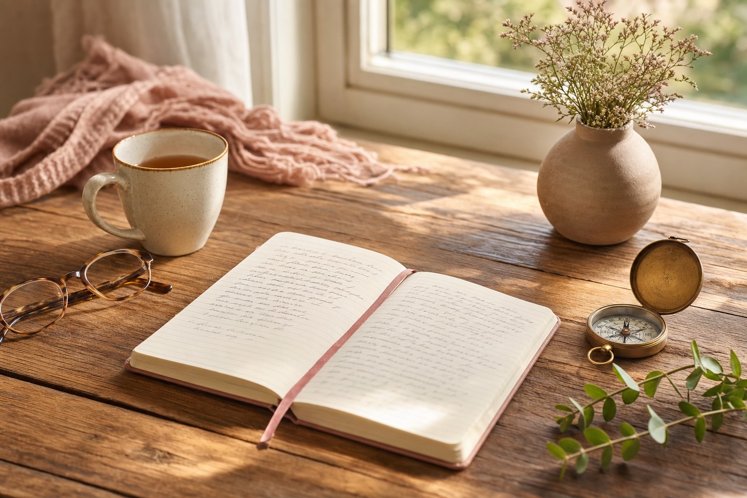 An open notebook, compass, glasses, and tea on a sunlit wooden table.