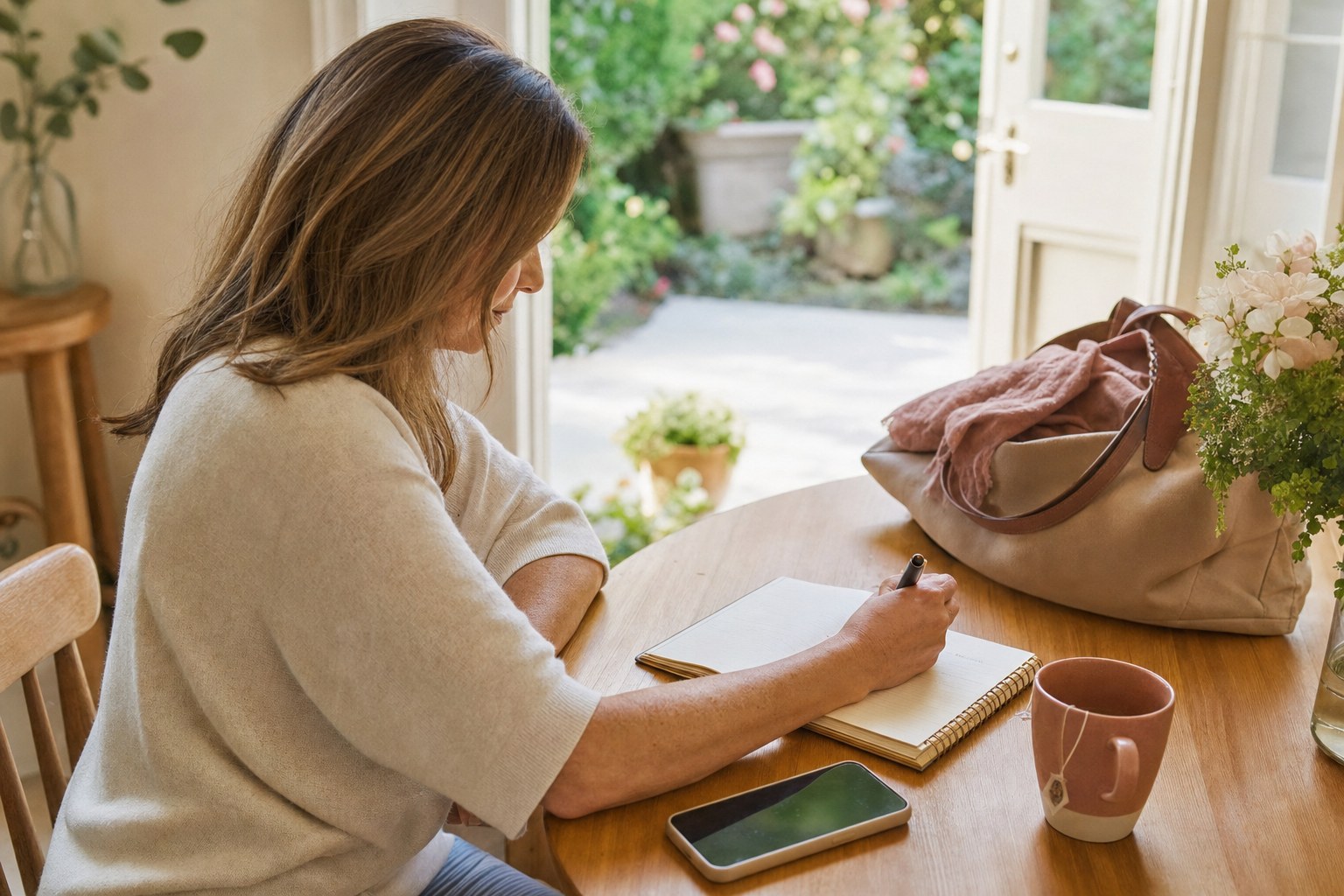 A woman writing in a planner at a kitchen table beside an open door to a garden.