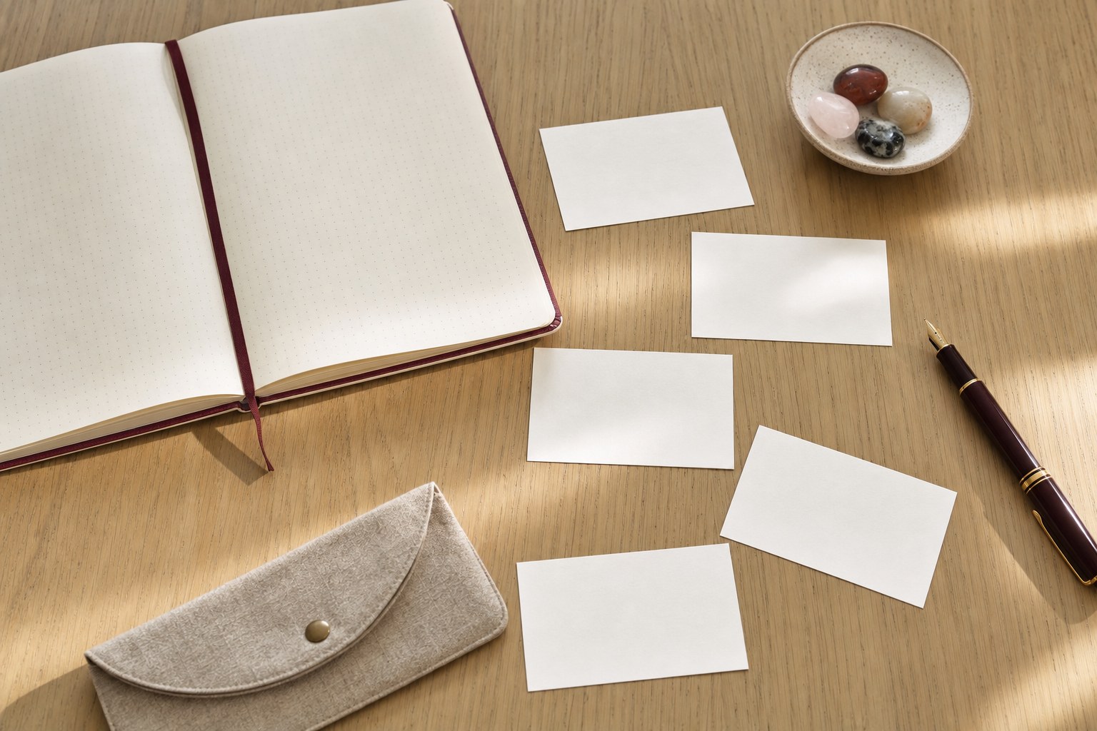 Blank index cards, a notebook, and a pen arranged on a wooden table for a values exercise.