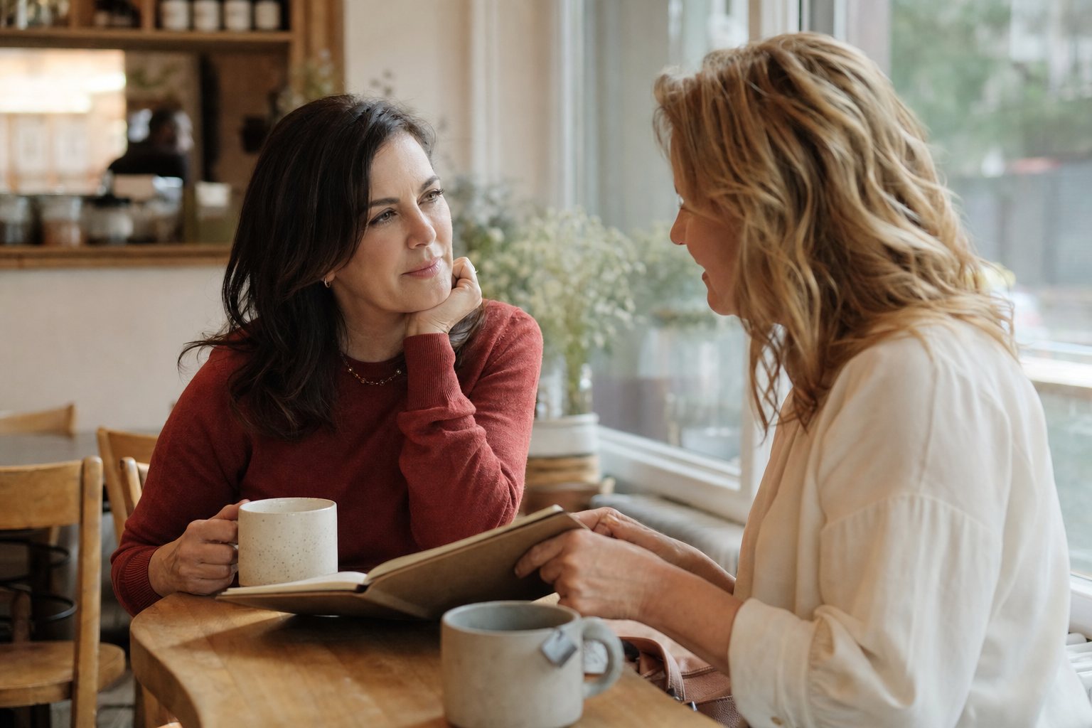 Two women having a thoughtful conversation over coffee with a notebook on the table.