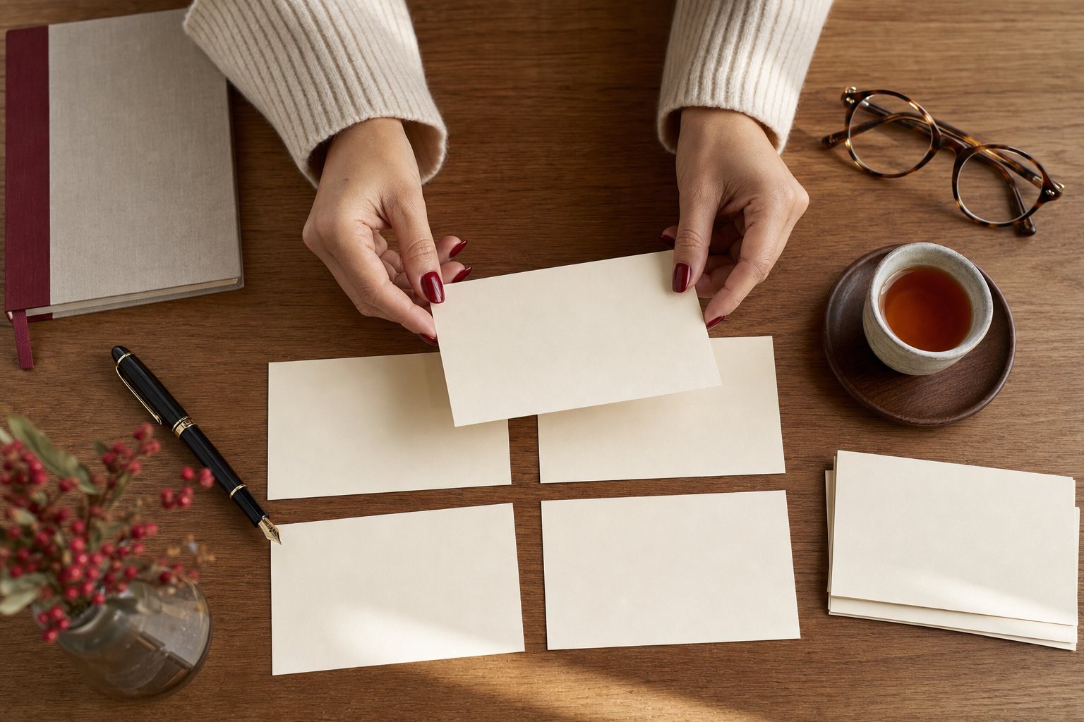 Hands arranging blank index cards, a notebook, glasses, and tea on a wooden table.