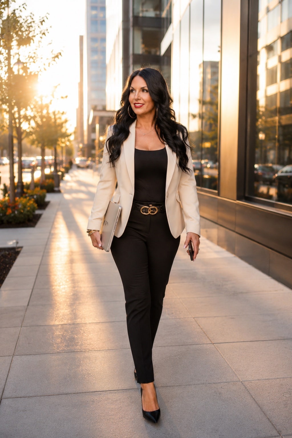 Stacey Creely walking through the city in a cream blazer, carrying a notebook for her next chapter.