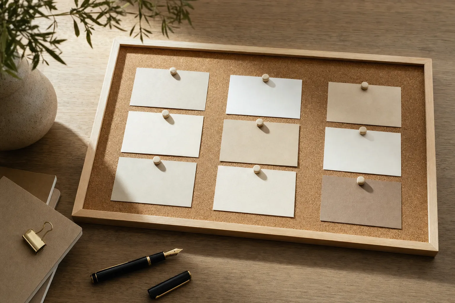A corkboard with blank planning cards arranged in three columns on a wooden desk.