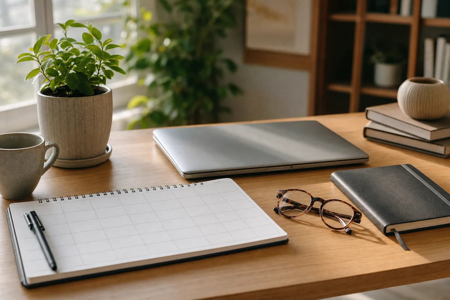 A weekly planner, closed laptop, glasses, notebooks, and plant on a sunlit desk.