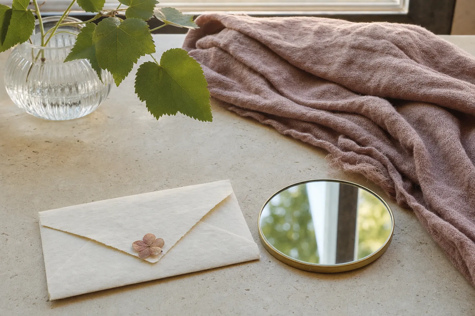 A sealed letter, small mirror, and soft scarf on a sunlit stone table.