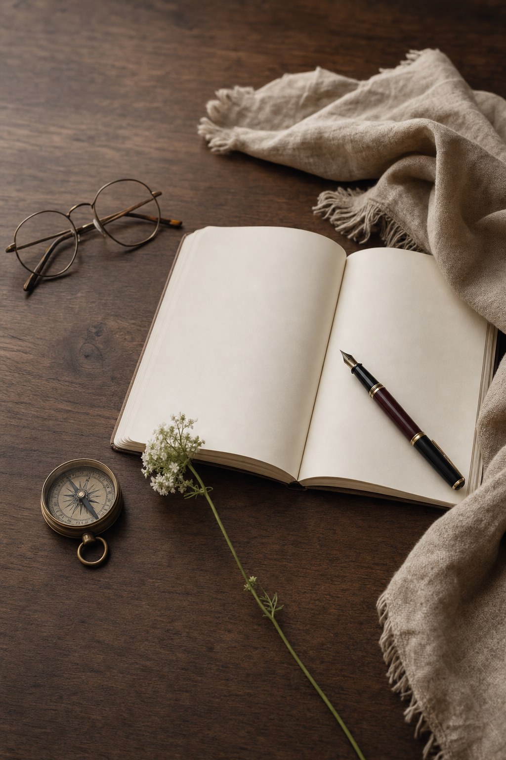 An open journal, pen, compass, glasses, and flowers on a wooden table