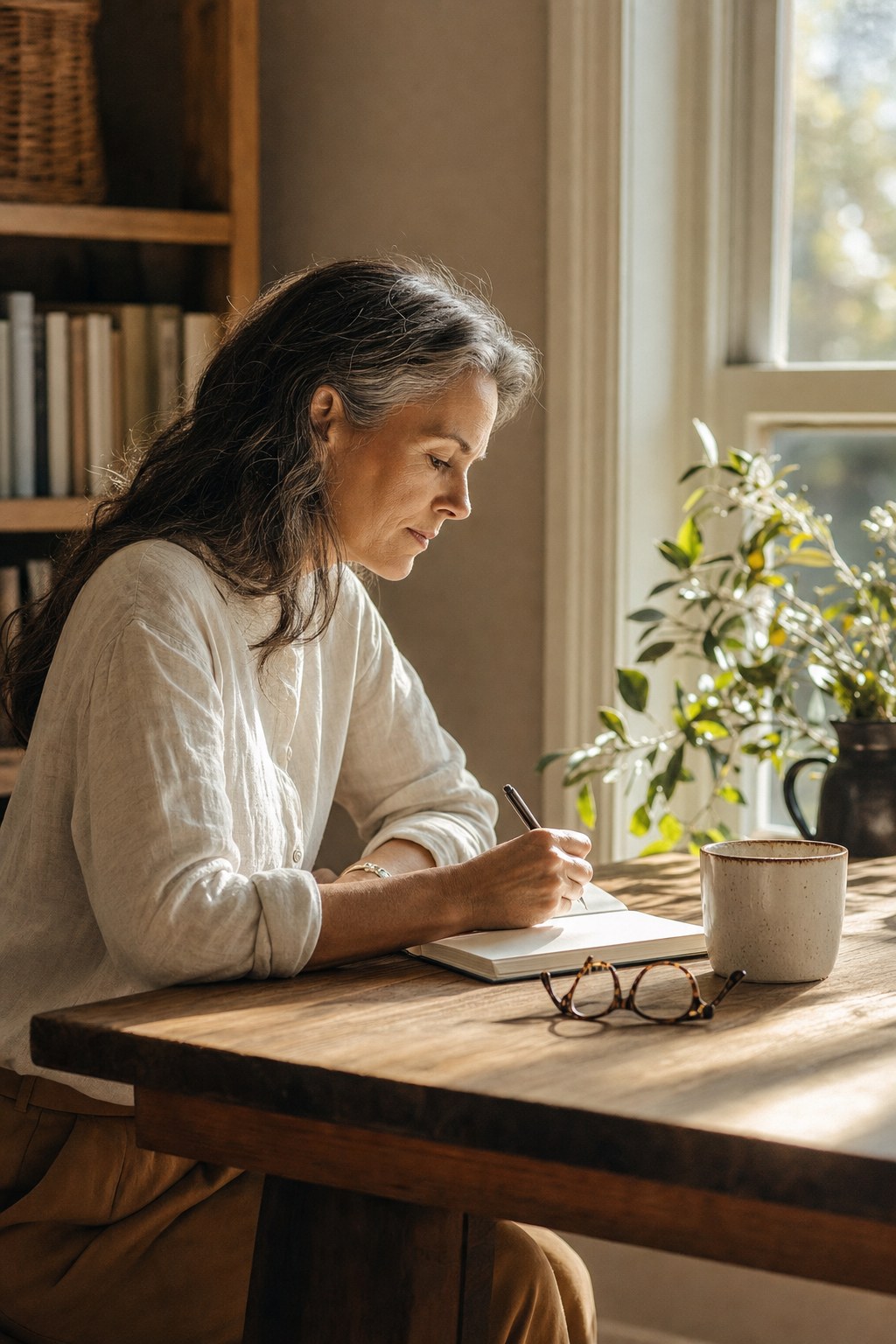 Woman writing in a notebook at a sunlit wooden table