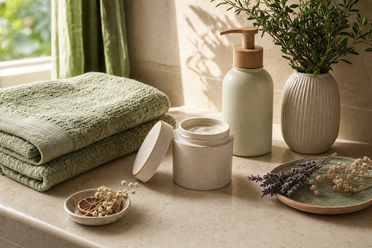 Towels, a body-care jar, and lotion arranged after a shower