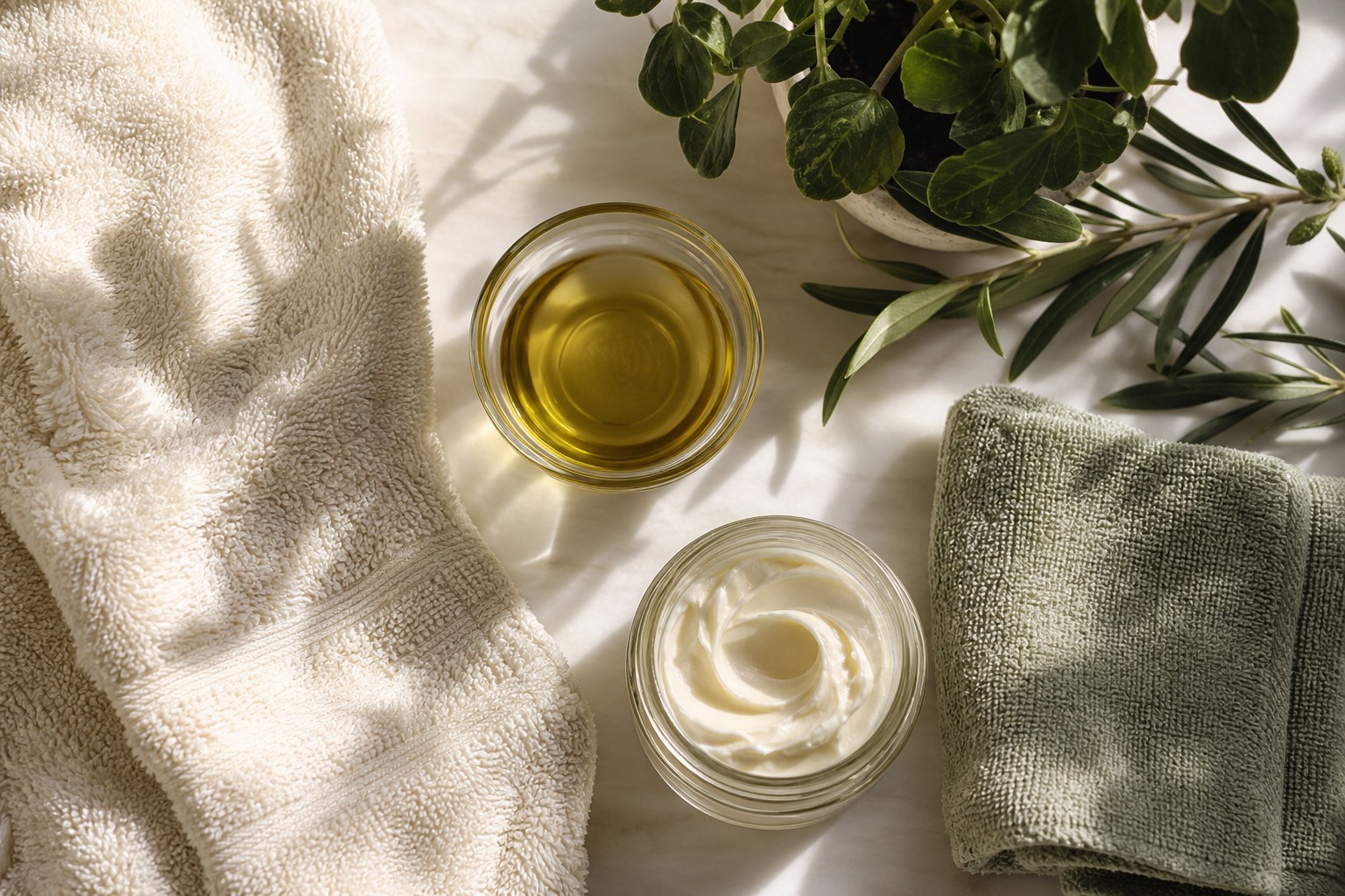 Towels, body oil, and body butter arranged after a shower