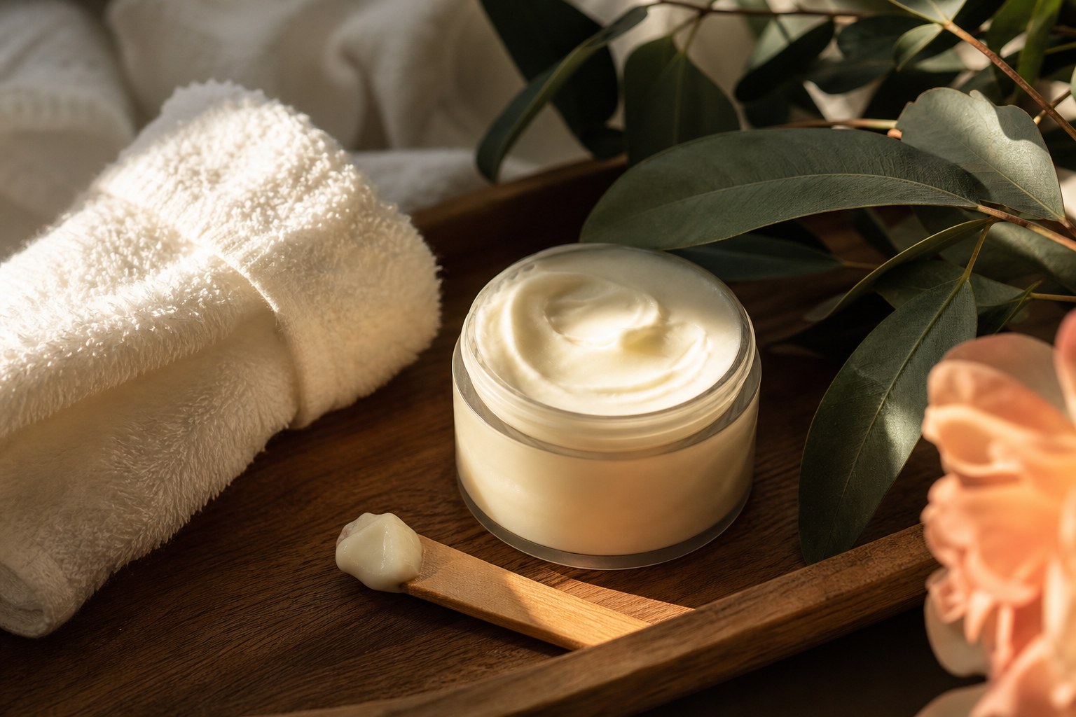 A small scoop of body butter beside an open jar