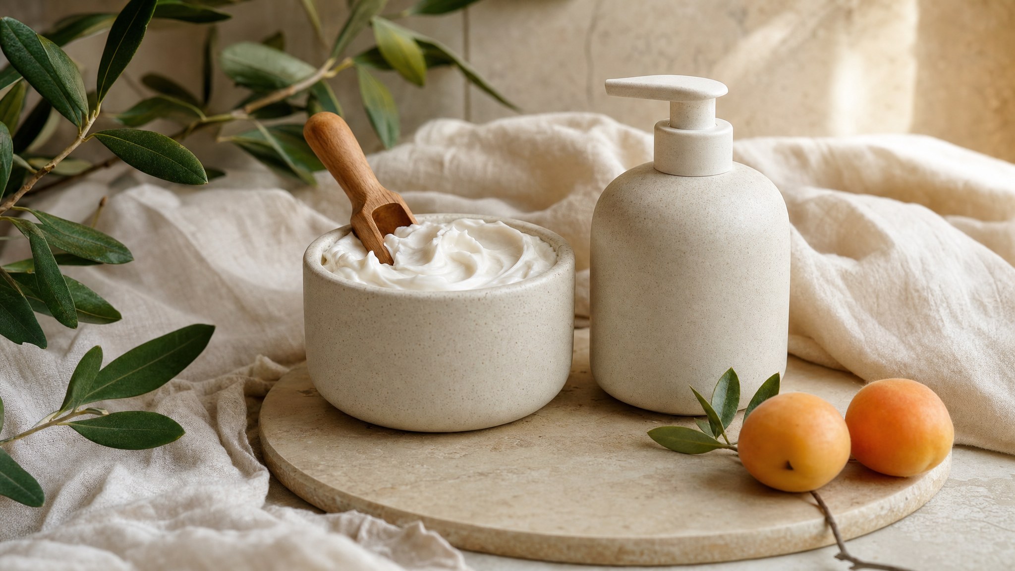 Unbranded body butter and lotion arranged with towels and botanicals