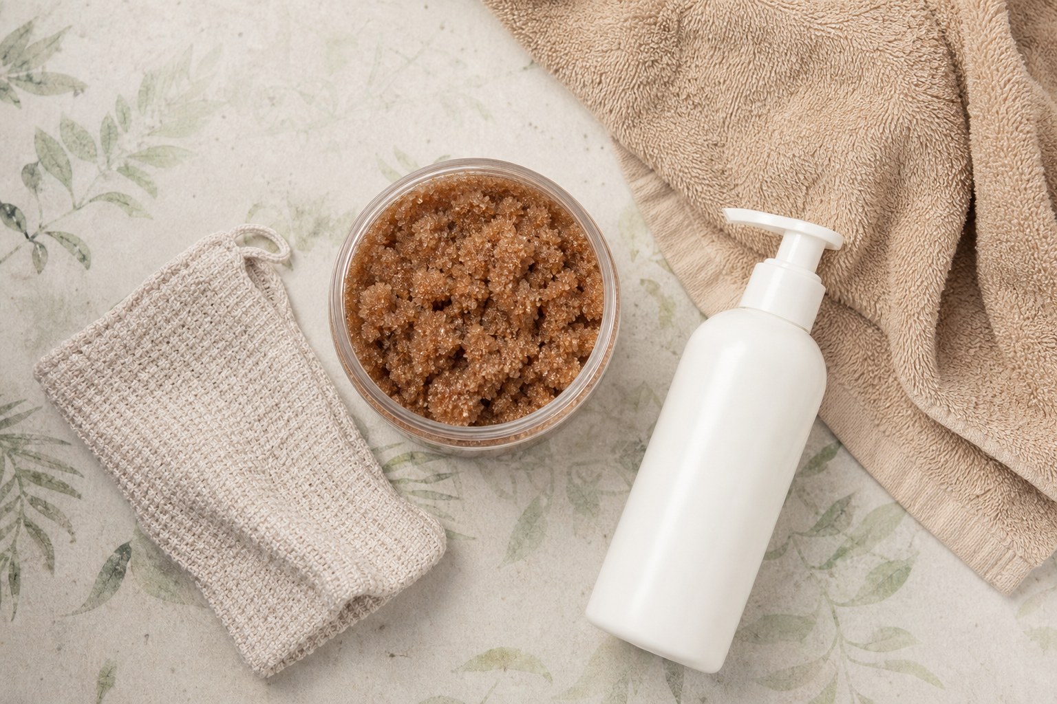 Sugar body scrub, cotton washcloth, lotion bottle, and towels arranged for aftercare
