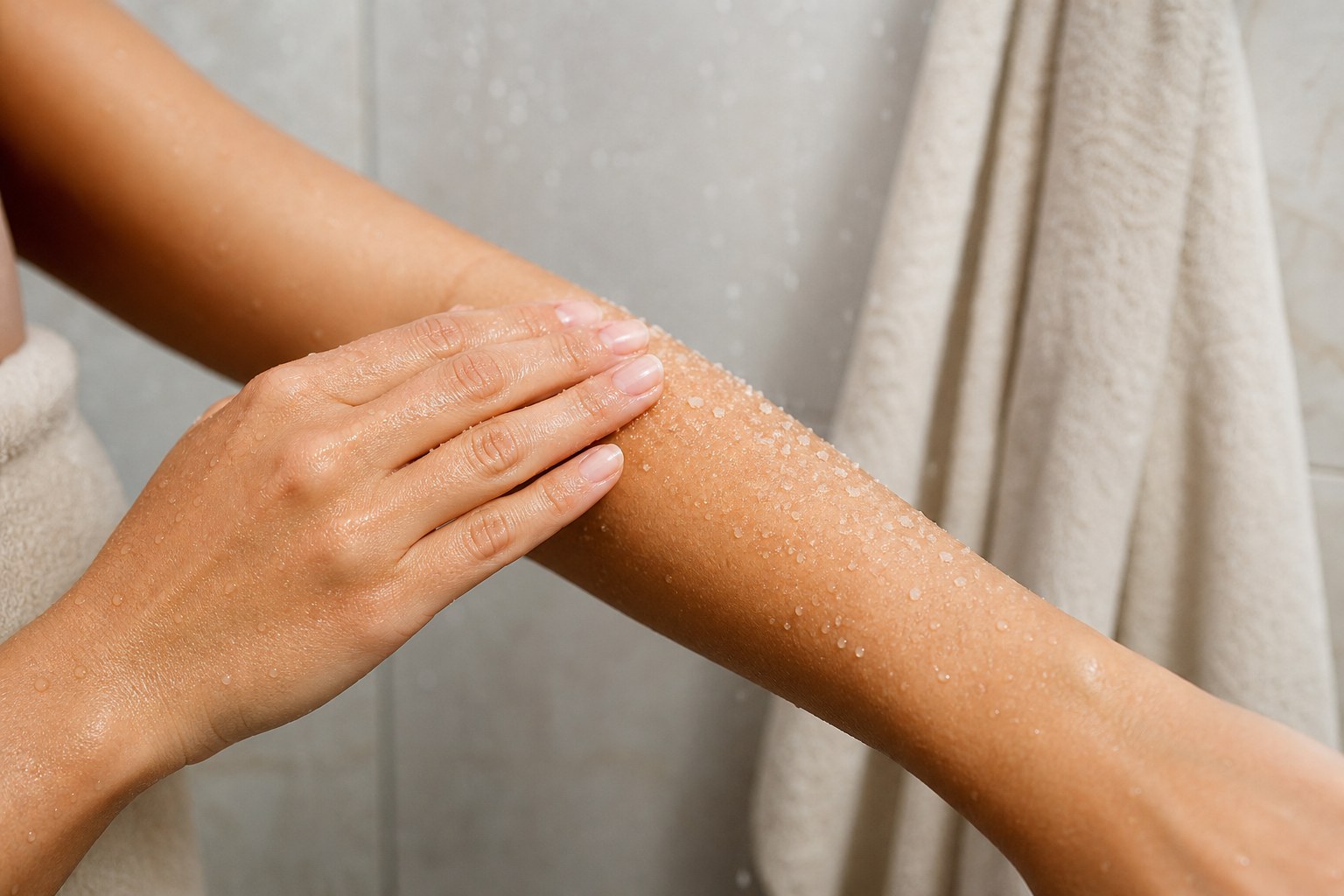 Hands gently applying sugar body scrub to a damp forearm