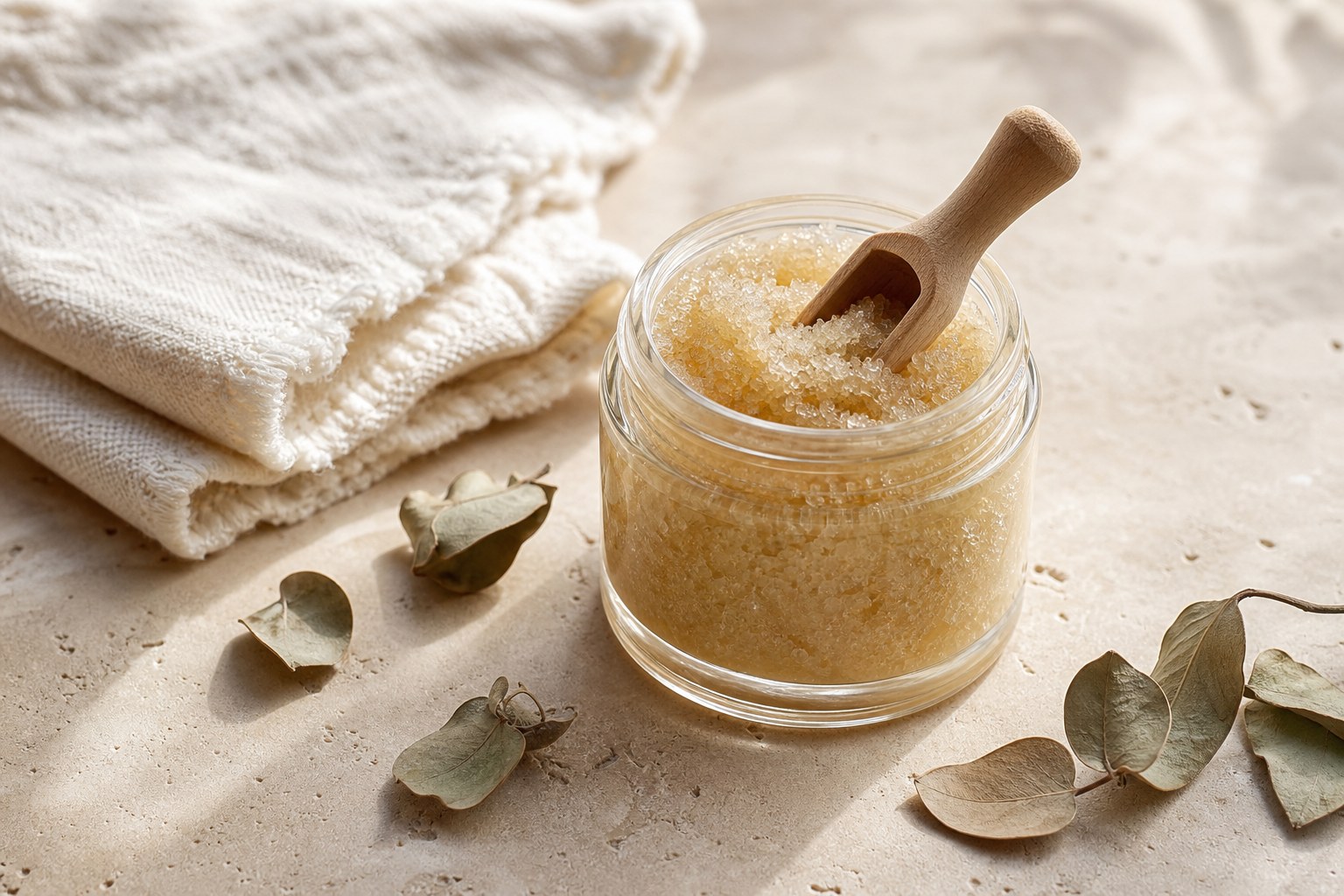 Sugar body scrub in a glass jar with a wooden scoop and cotton towels