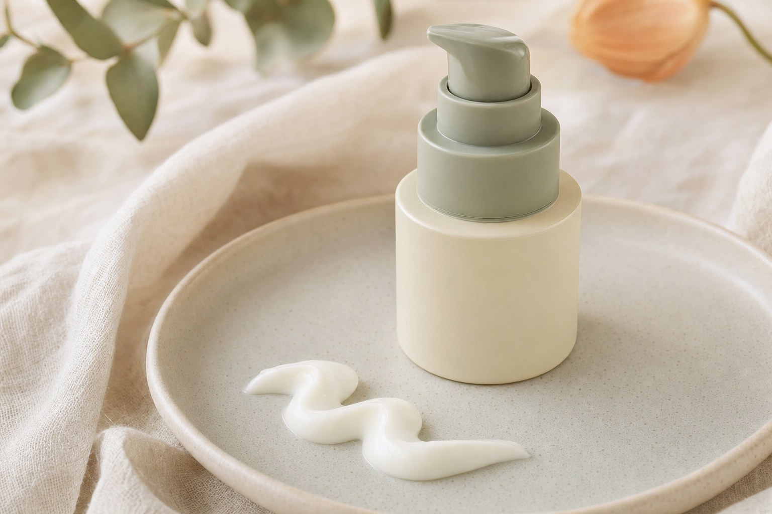 Light lotion beside an unbranded pump bottle