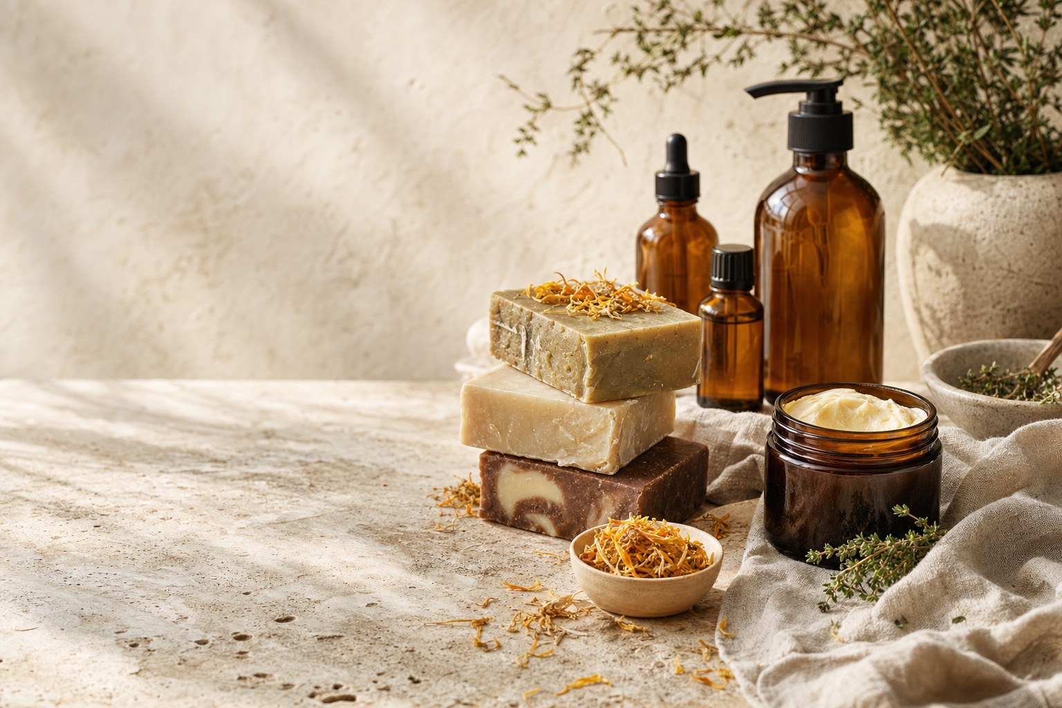 Handmade soap, amber bottles, body butter, and botanicals