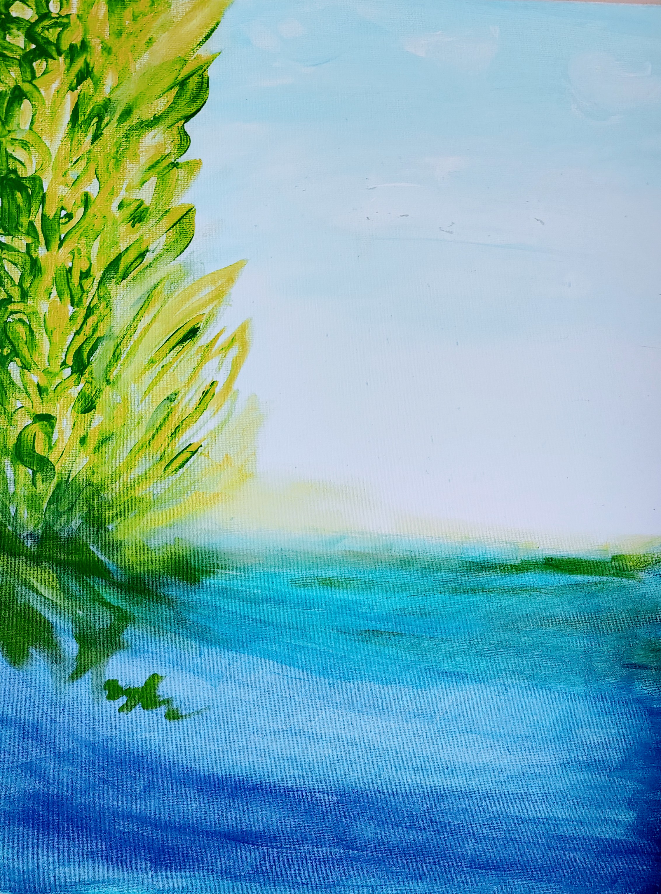 South of France original painting by Maria Hughes, a blue sea beneath green and yellow foliage