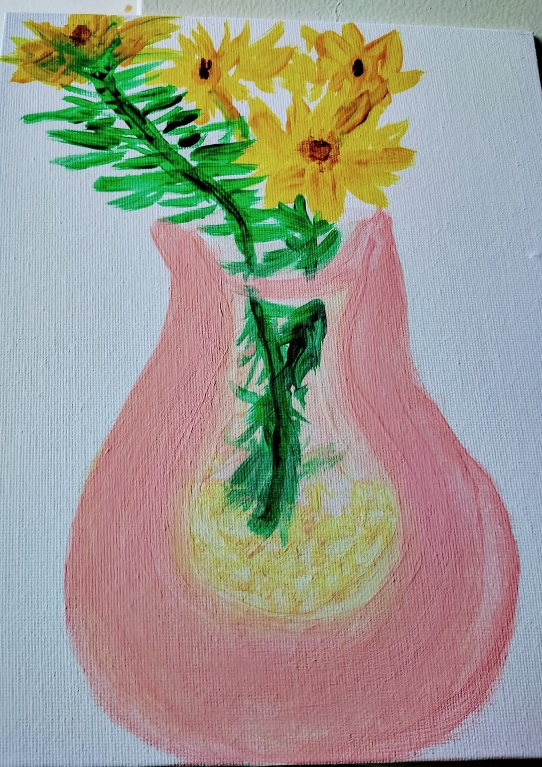 Original painting of sunflowers in a pink vase by Maria Hughes