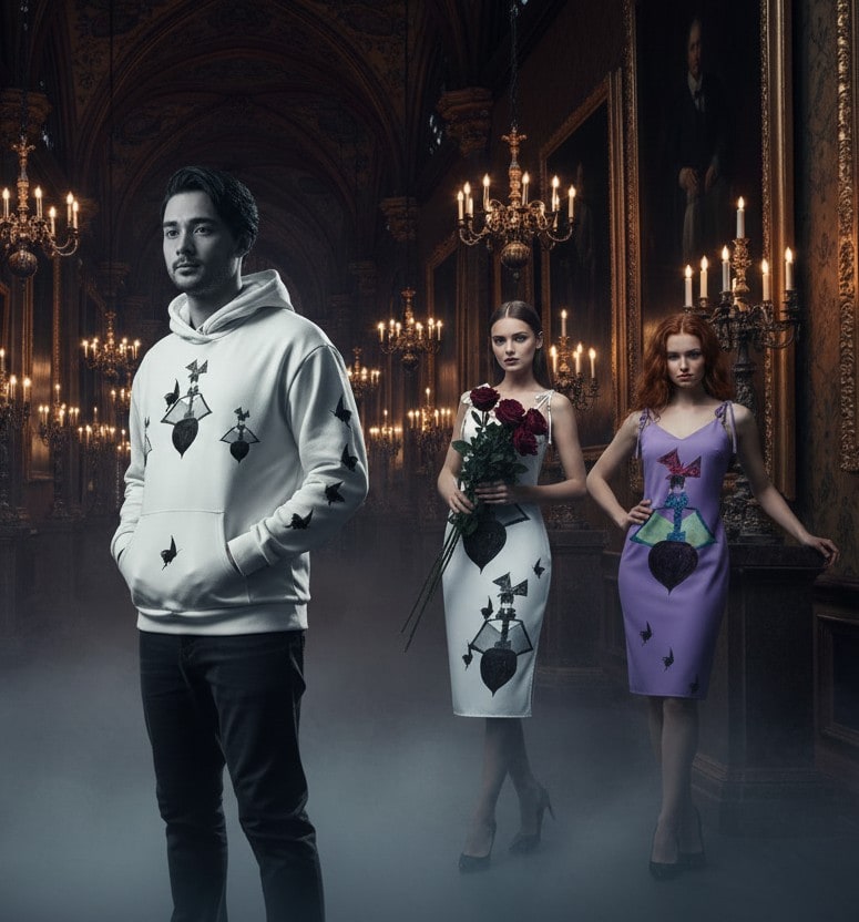 Models wearing Dark Enchantment jewel-motif pieces in a candlelit museum