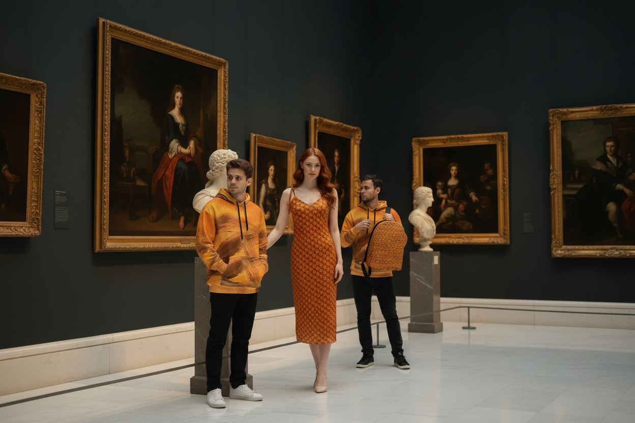 Three models wearing Estrella collection pieces in an art gallery