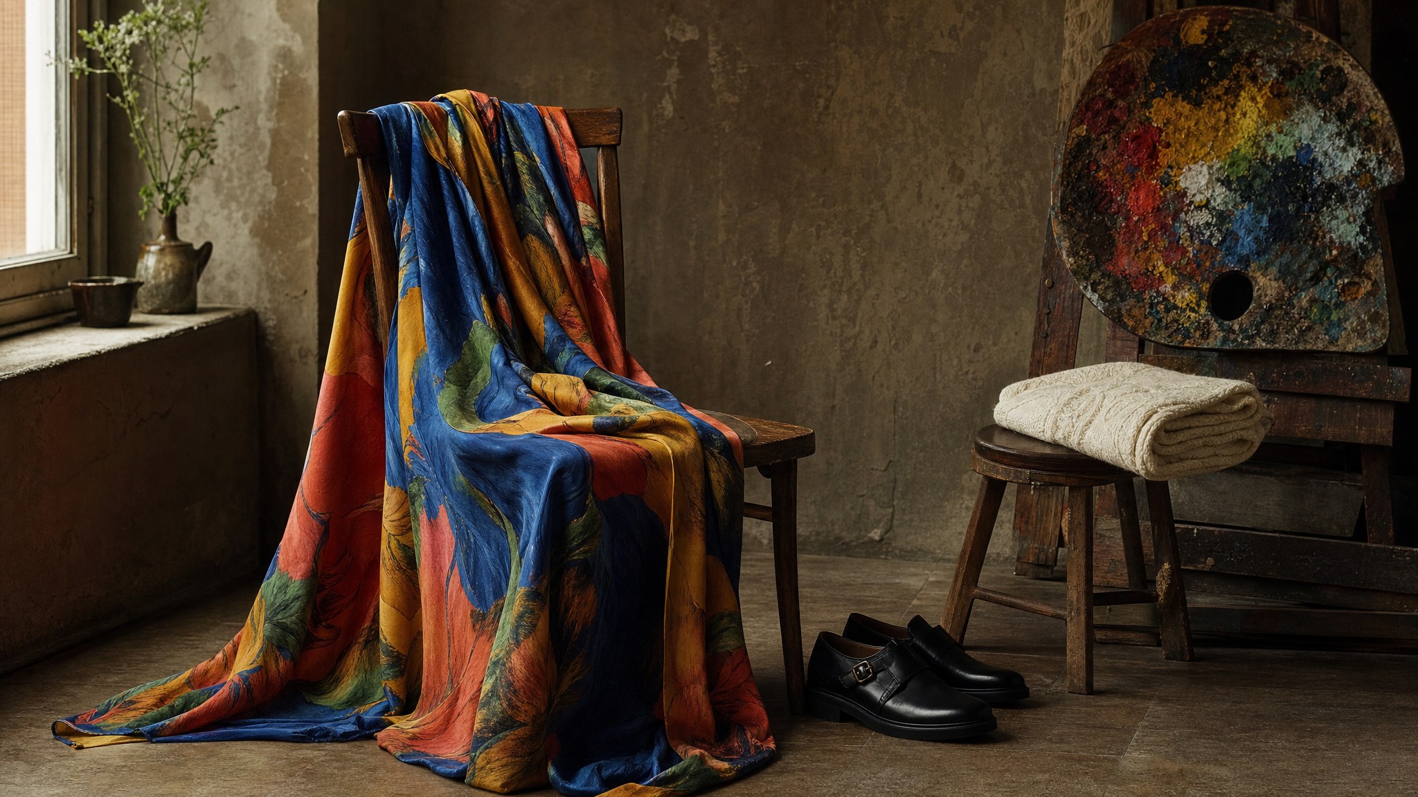 Colorful printed garment draped over a wooden chair in an artist studio