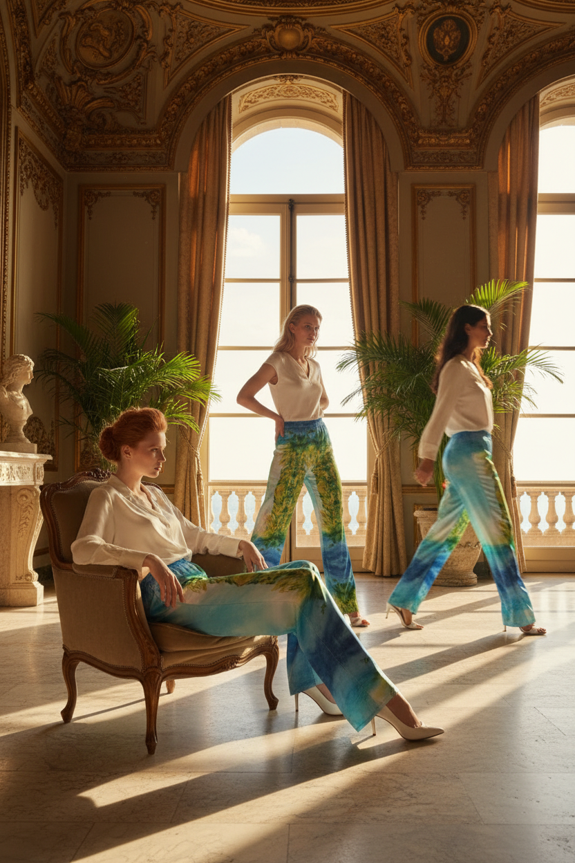 Three models wearing blue and green printed wide-leg pants in an ornate gallery