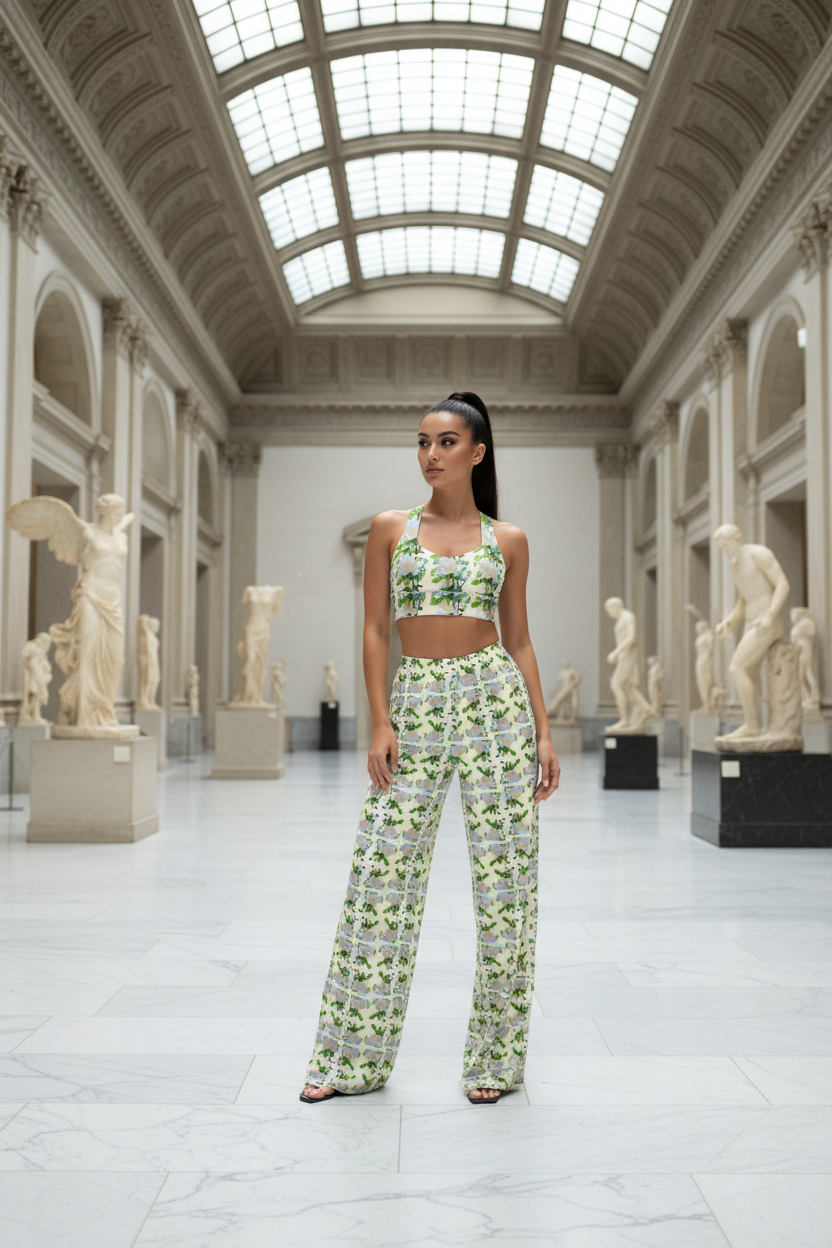 Model wearing green floral wide-leg pants and a matching sports bra in a gallery