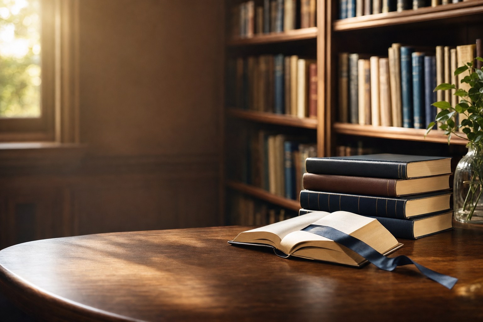 An open book and a stack of books in a sunlit library