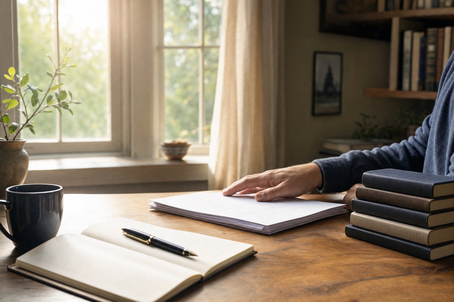 An author’s manuscript on a desk beside books in a sunlit writing room